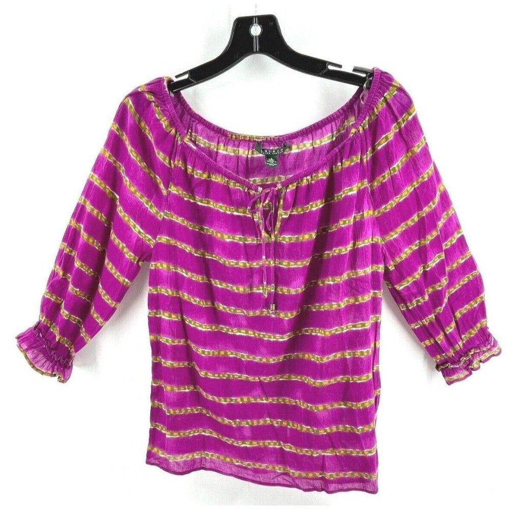 Ralph Lauren Womens Peasant Blouse Top Small Purple Yellow Striped 100% Cotton